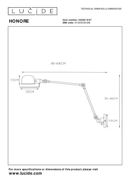 Lucide HONORE - Wall light - 1xE14 - Rust Brown - technical